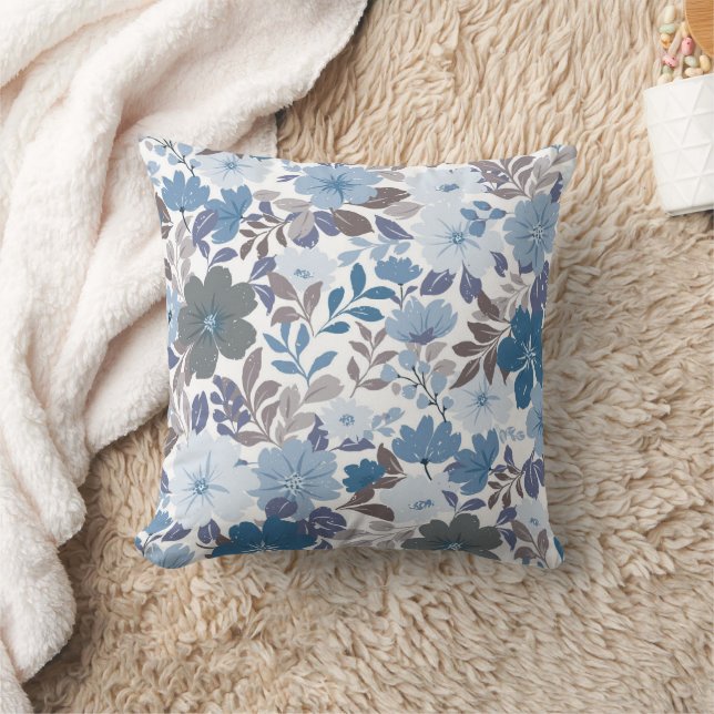 Dusty Blue & Gray Winter Sky Floral Garden Throw Pillow (Blanket)
