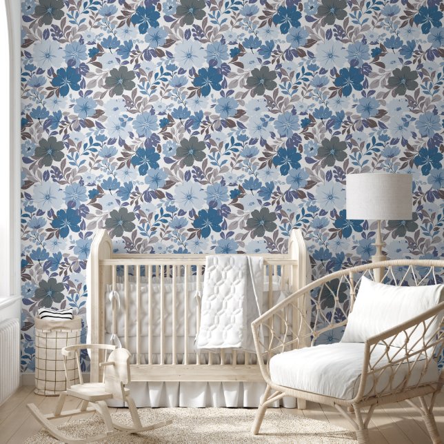 Dusty Blue & Gray Winter Sky Floral Garden Wallpaper (Kids)