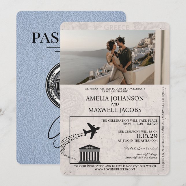 Dusty Blue Greece Passport Wedding Invitation (Front/Back)