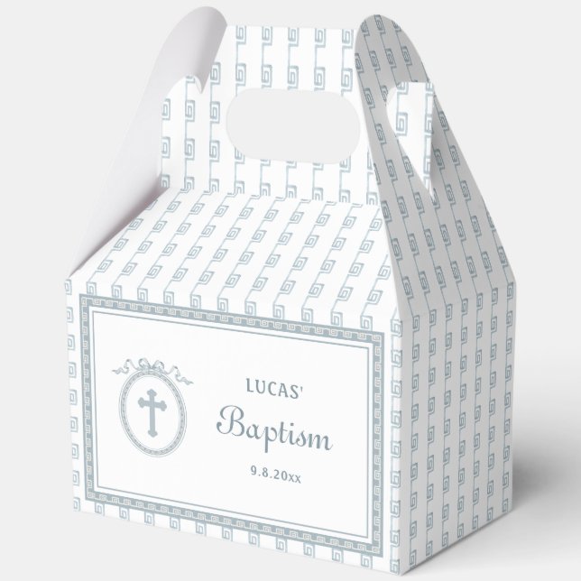 Dusty Blue Greek Frame Baptism Big Gable Favor Boxes (Front)