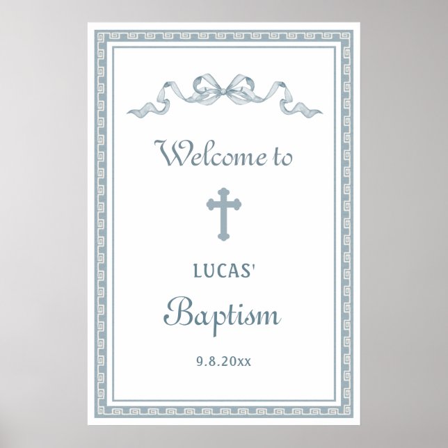 Dusty Blue Greek Frame Baptism Welcome Poster (Front)