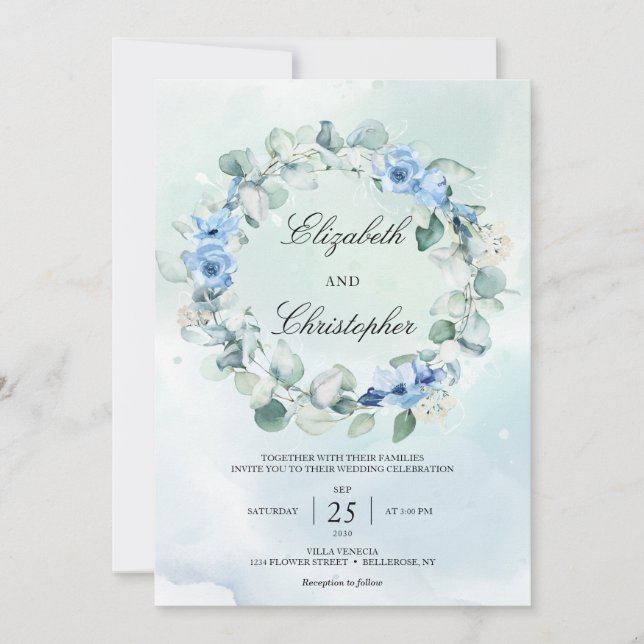 Dusty Blue Green Eucalyptus Wreath Rustic Wedding Invitation (Front)
