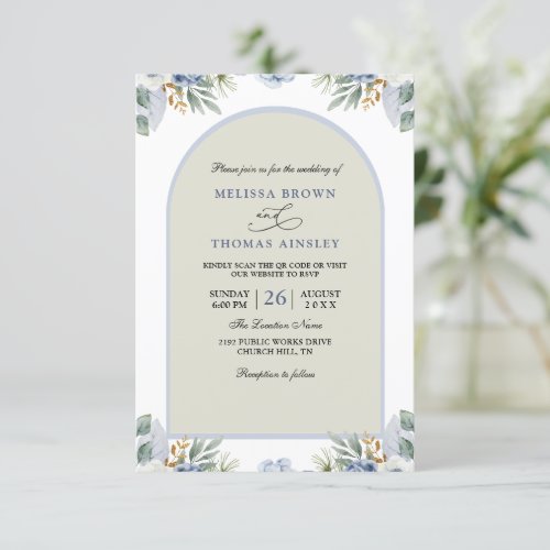 Dusty Blue Green Floral Budget Qr Code Wedding Invitation