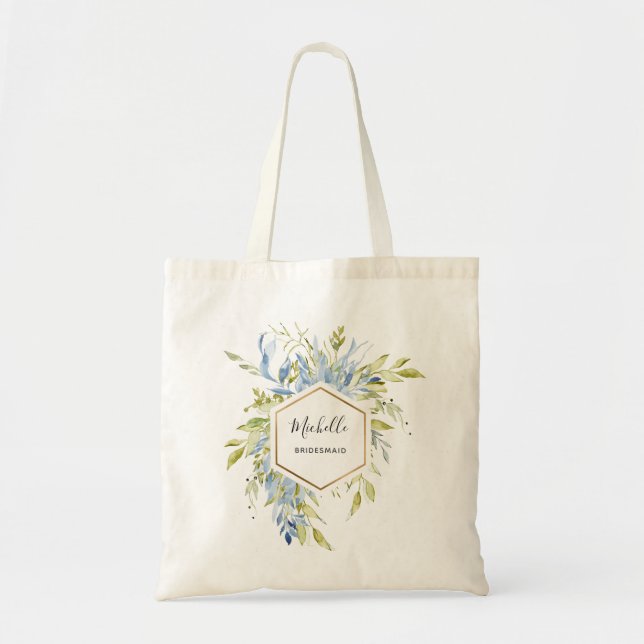 Dusty Blue Green Greenery Gold Frame Bridesmaid  Tote Bag (Front)