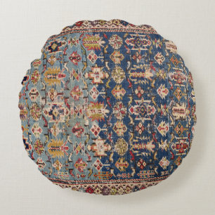 Dusty Blue Green Kuba Yellow Bands  Round Pillow