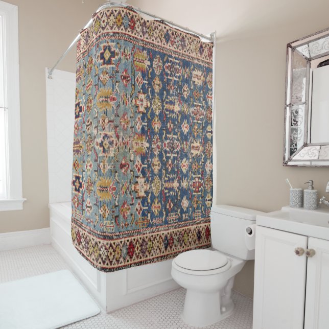 Dusty Blue Green Kuba Yellow Bands  Shower Curtain (In Situ)