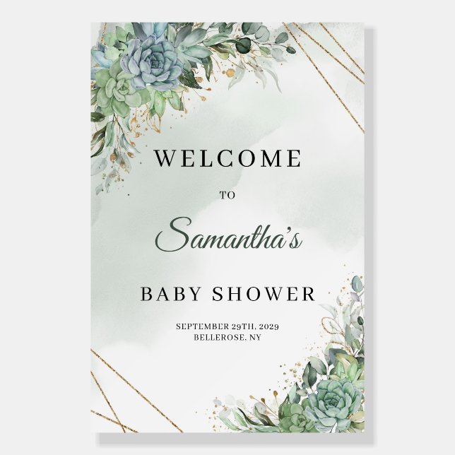 Dusty blue green succulents eucalyptus baby shower foam board (Front)