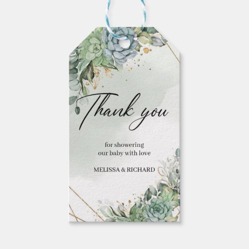 Dusty blue green succulents eucalyptus Baby Shower Gift Tags