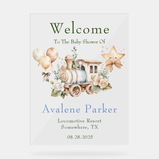 Dusty Blue Green Train Boy Shower Welcome Sign (Front)