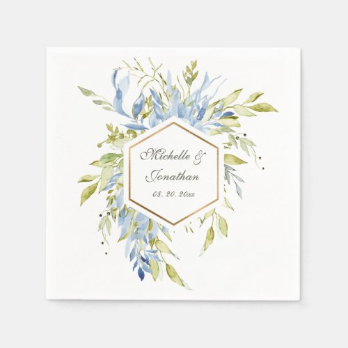 Dusty Blue Green Watercolor Greenery Gold Frame Napkins