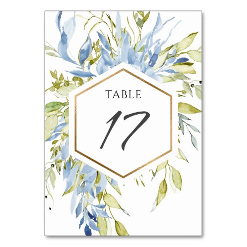 Dusty Blue Green Watercolor Greenery Gold Frame Table Number