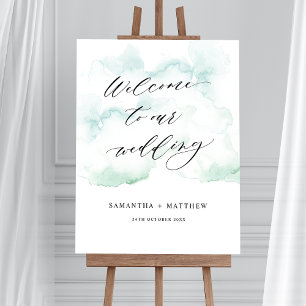 Dusty Blue, Green Watercolor Wedding Welcome Sign