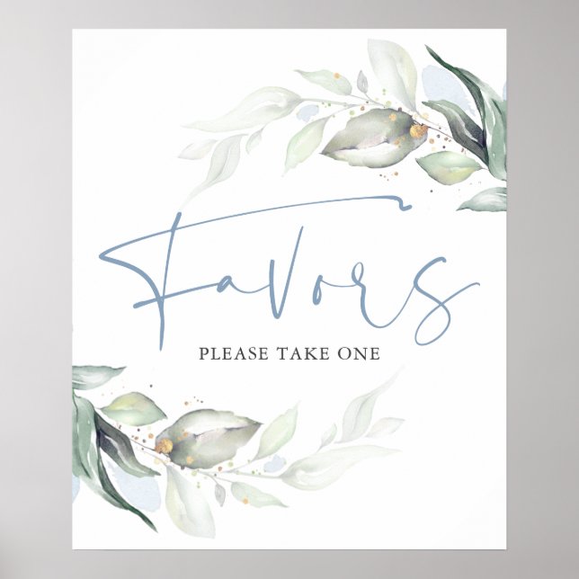 Dusty Blue Greenery and Gold Leaves Favors Sign (Front)