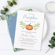 Dusty Blue Greenery Autumn Pumpkin Baby Shower Invitation