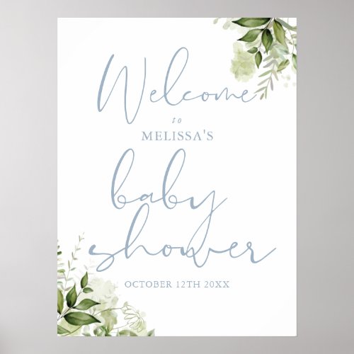 Dusty Blue Greenery Baby Shower Welcome Sign