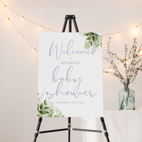 Dusty Blue Greenery Baby Shower Welcome Sign