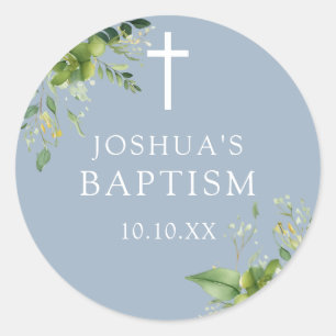 Dusty Blue Greenery Baptism Christening Favor Classic Round Sticker