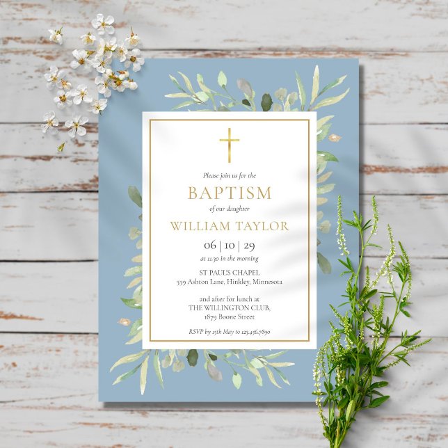 Dusty Blue Greenery Baptism Christening Invitation Postcard (Creator Uploaded)