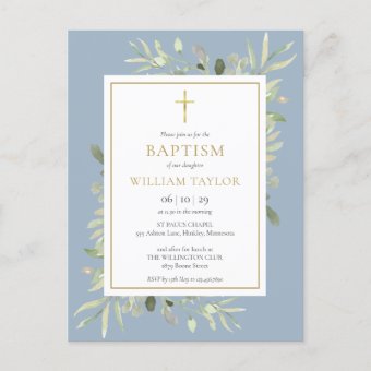 Dusty Blue Greenery Baptism Christening Invitation Postcard | Zazzle