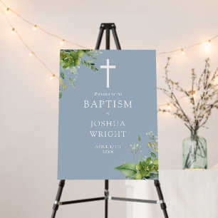 Dusty Blue Greenery Baptism Welcome Sign