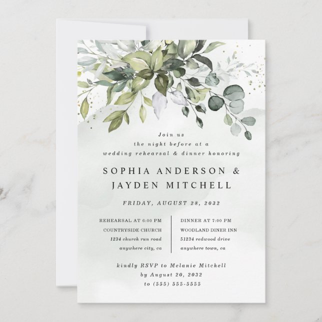 Dusty Blue Greenery Boho Wedding Rehearsal Dinner Invitation (Front)