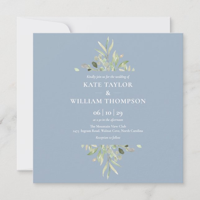 Dusty Blue Greenery Botanical Wedding Invitation (Front)