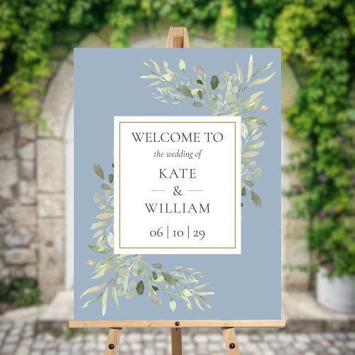 Dusty Blue Greenery Botanical Wedding Welcome Sign