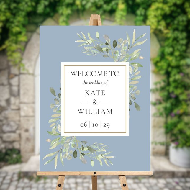 Dusty Blue Greenery Botanical Wedding Welcome Sign (Dusty Blue Greenery Botanical Wedding Welcome Sign)