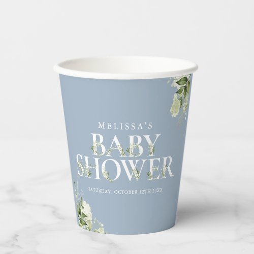 Dusty Blue Greenery Boy Baby Shower Paper Cups