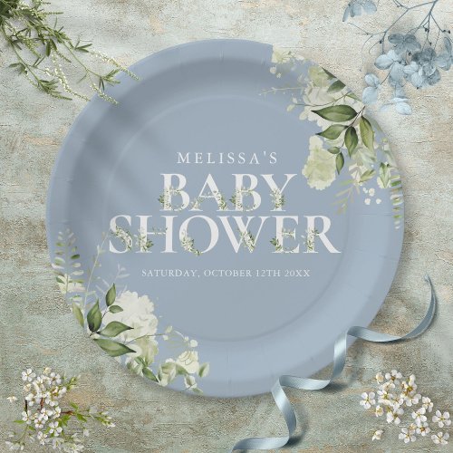 Dusty Blue Greenery Boy Baby Shower Paper Plates