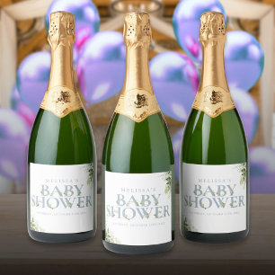 Dusty Blue Greenery Boy Baby Shower Sparkling Wine Label