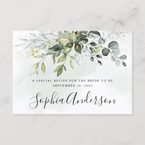 Dusty Blue Greenery Bridal Shower Recipe Cards - Design features a bouquet of watercolor greenery, eucalyptus and a succulent over a dusty blue watercolor splash. Design also features specks of painted (printed) gold and green.