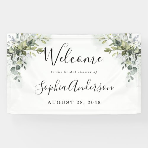 Dusty Blue Greenery Bridal Shower Welcome Sign - The design features a bouquet of watercolor greenery, eucalyptus and a succulent over a white background with dusty blue watercolor splashes. Design also features greenery in shades of dusty blue and various green colors.