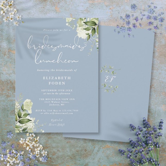 Dusty Blue Greenery Bridesmaids Luncheon Invitation (Dusty Blue Greenery Bridesmaids Luncheon Invitation)