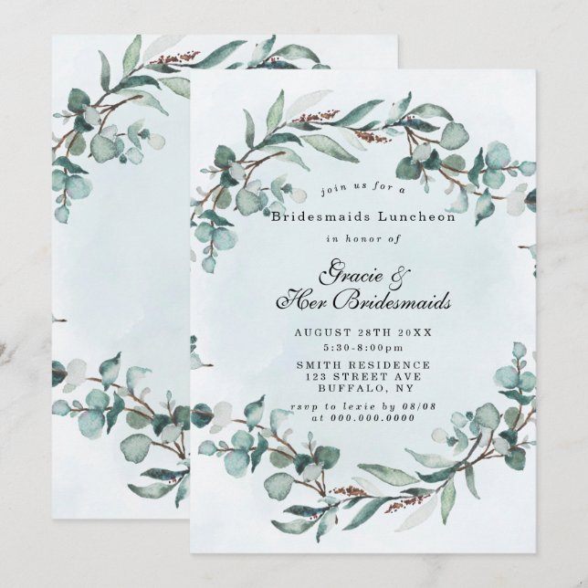 Dusty Blue Greenery Bridesmaids Luncheon Invites (Front/Back)