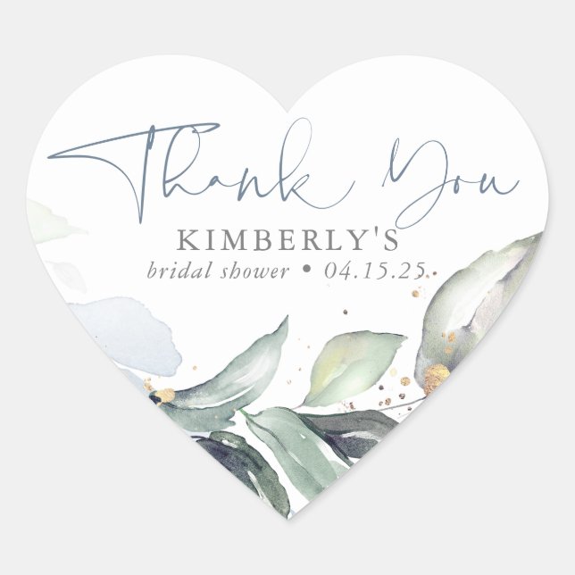 Dusty Blue Greenery Elegant Calligraphy Thank You Heart Sticker (Front)