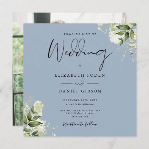 Dusty Blue Greenery Elegant Photo Square Wedding Invitation