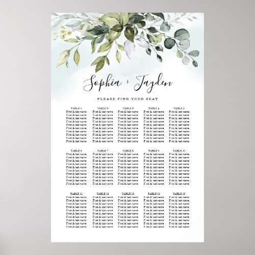 Dusty Blue Greenery Elegant Wedding Seating Chart - This design is available with two different dusty blue shades.  One option is more dustier than the other and leans towards a gray-dusty blue.  This one that you are currently viewing leans more towards blue for the watercolor splashes.  Compare each on-screen preview for a perfect match when it comes to your wedding shade since there are different variations of this popular color.  Design features a bouquet of watercolor greenery, eucalyptus and a succulent over a dusty blue watercolor splash. Design also features specks of painted (printed) gold and green.  This is a direct link to the full collection that has all matching watercolor splashes in this shade: https://bit.ly/396usk1