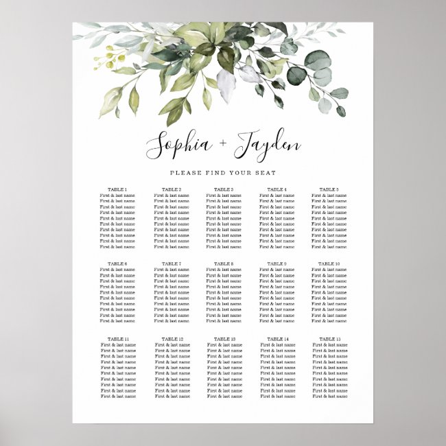 Dusty Blue Greenery Elegant Wedding Seating Chart