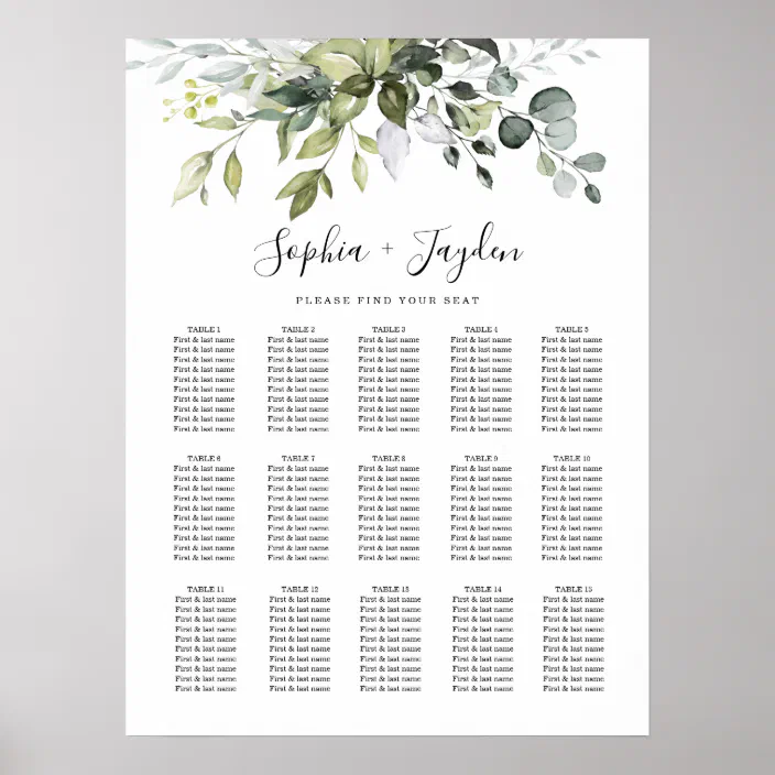 Watercolour Blue Floral Rustic Personalised Wedding Seating Table Plan