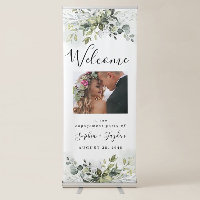 Dusty Blue Greenery Engagement Party Welcome Sign (Front)
