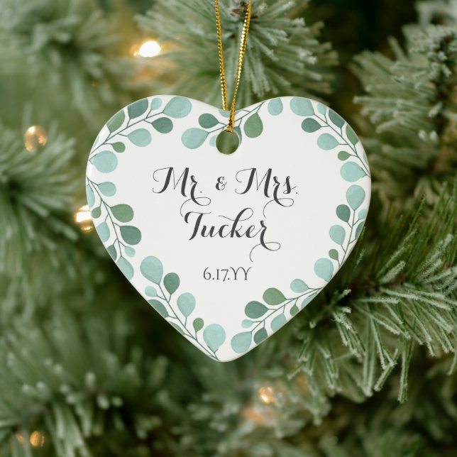 Dusty Blue Greenery Eucalyptus Mr. & Mrs. Photo Ceramic Ornament (Tree)