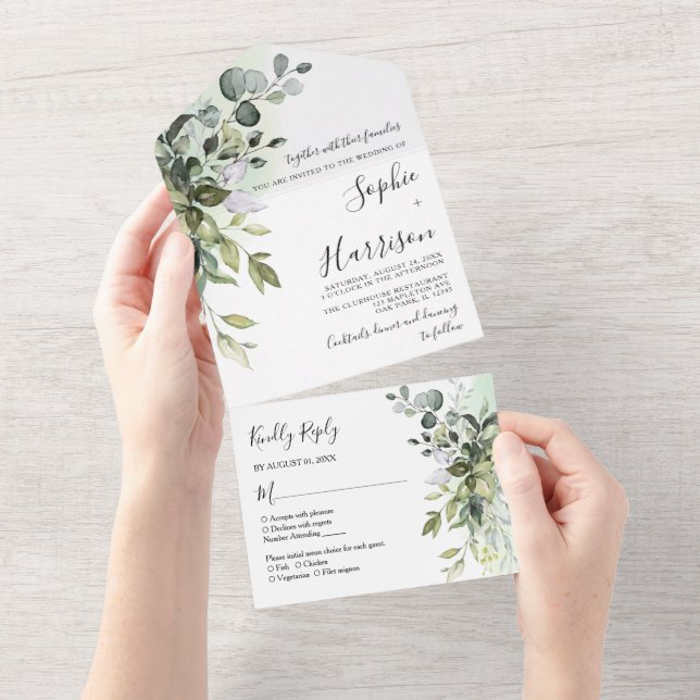 Dusty Blue Greenery Eucalyptus Wedding All In One  Invitation (Tearaway)
