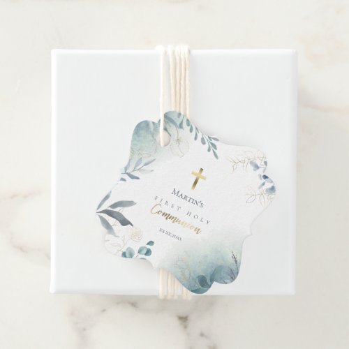 dusty blue greenery First Holy Communion Favor Tags
