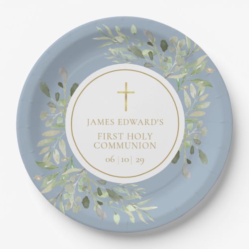 Dusty Blue Greenery First Holy Communion Paper Plates