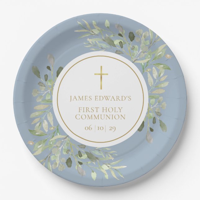 Dusty Blue Greenery First Holy Communion Paper Plates (Front)