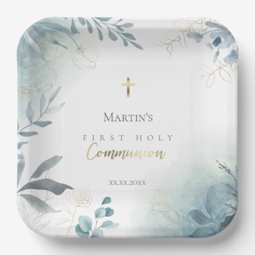 dusty blue greenery First Holy Communion Paper Plates