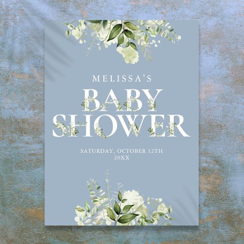 Dusty Blue Greenery Floral Baby Shower Sign