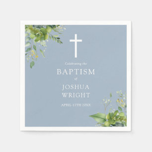 Dusty Blue Greenery Floral Baptism Christening Napkins
