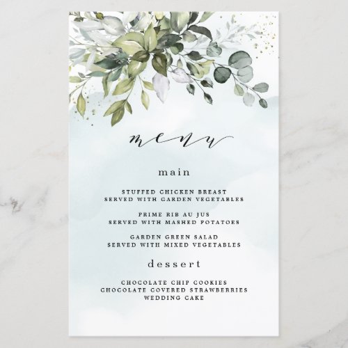 Dusty Blue Greenery Floral Boho Wedding Menu Cards - This design is available with two different dusty blue shades.  One option is more dustier than the other and leans towards a gray-dusty blue.  This one that you are currently viewing leans more towards blue for the watercolor splashes.  Compare each on-screen preview for a perfect match when it comes to your wedding shade since there are different variations of this popular color.  Design features a bouquet of watercolor greenery, eucalyptus and a succulent over a dusty blue watercolor splash. Design also features specks of painted (printed) gold and green.  This is a direct link to the full collection that has all matching watercolor splashes in this shade: https://bit.ly/396usk1